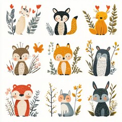 Poster - Cute illustrated animals surrounded by flowers in a whimsical design.