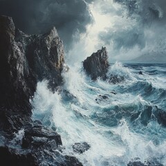 Wall Mural - Dramatic seascape with crashing waves against rocky cliffs under stormy sky.