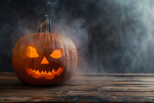 Spooky carved Halloween pumpkin Jack O lantern on a wooden table surrounded by mist. Copy space. High quality photo