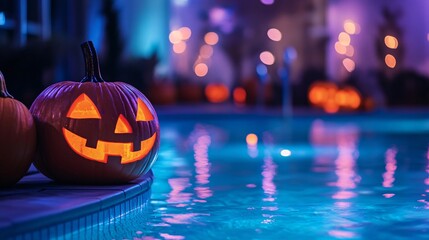 Sticker - Glowing halloween pumpkin by the side of a pool with colorful lights in the background