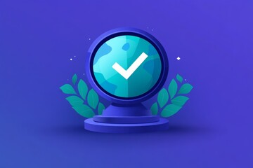 Sticker - 3D checkmark floating above a pedestal with surrounding digital leaves symbolizing cybersecurity approval green tech and eco friendly data validation