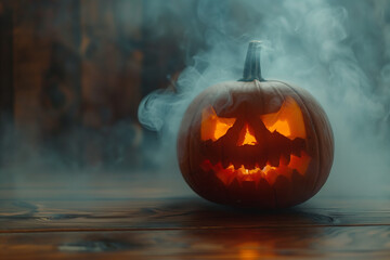 Spooky carved Halloween pumpkin Jack O lantern on a wooden table surrounded by mist. Copy space. High quality photo