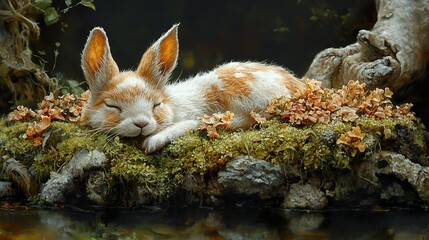 Poster - Sleeping Rabbit in a Tranquil Forest Setting