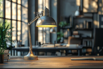 Poster - an office space with a single, elegant lamp and a neatly organized desk, capturing the essence of mi