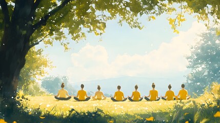 A yoga class in a park, everyone in yellow shirts, meditating under a clear blue sky, Watercolor, Soft Pastels, Tranquil Atmosphere