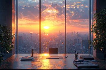 Poster - An empty glass office cubicle with a single, neatly organized desk and a view of a serene cityscape, capturing the calm and efficiency of modern workspaces.
