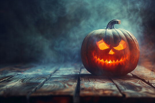 Spooky carved Halloween pumpkin Jack O lantern on a wooden table surrounded by mist. Copy space. High quality photo