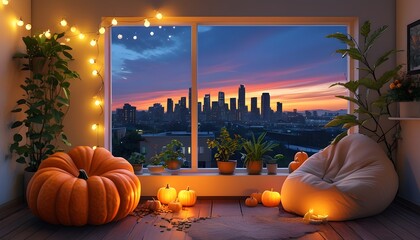 Welcoming indoor sanctuary with a pumpkin lantern, bean bag chair, lush plants, and a vibrant city skyline during dusk