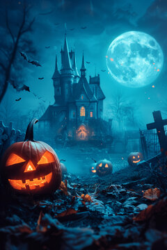 Halloween spooky background with copy space. Silhouette of the which castle, pumpkins, bats, graveyard, trees. High quality photo