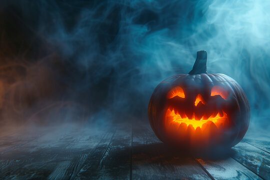 Spooky carved Halloween pumpkin Jack O lantern on a wooden table surrounded by mist. Copy space. High quality photo