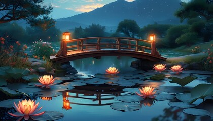 Wall Mural - Serene nighttime ambiance featuring a wooden bridge spanning a lily-filled pond, softly lit by a glowing lantern