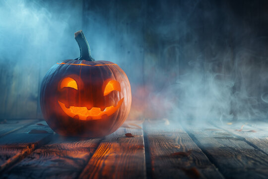 Spooky carved Halloween pumpkin Jack O lantern on a wooden table surrounded by mist. Copy space. High quality photo