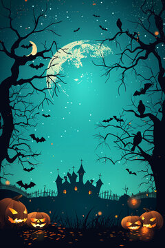 Halloween spooky background with copy space. Silhouette of the which castle, pumpkins, bats, graveyard, trees. High quality photo