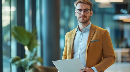 Poster - In a contemporary office, a professional man stands confidently with a laptop, embodying modern workplace aesthetics and professionalism in a bright setting