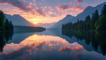 Serene sunrise illuminating a tranquil lake nestled amidst vibrant mountains and lush trees mirrored in the calm water