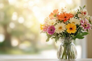 Sticker - Brightly colored mixed flowers are artfully arranged in a glass vase, placed on a light wood table, basking in natural light. Generative AI