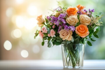 Leinwandbilder - A beautifully arranged bouquet of roses, carnations, and lavender brings color to a light wood table, creating a cheerful atmosphere. Generative AI