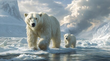 Canvas Print - Polar Bear and Cub in Arctic Landscape