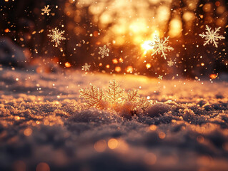 Warm yellow glow with soft white snowflakes falling gently