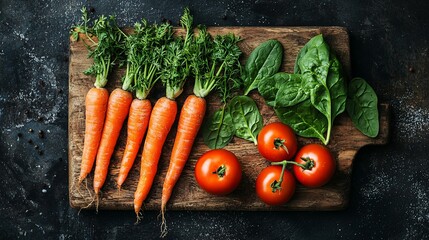 Poster - Fresh carrots, tomatoes, and spinach on a wooden cutting board.