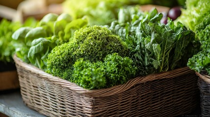 Poster - Fresh green leafy vegetables in a wicker basket.