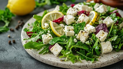 Sticker - Fresh salad with feta cheese, beetroot, lemon and arugula on a plate.