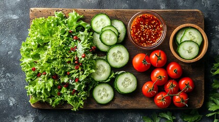 Wall Mural - Fresh salad ingredients on a wooden board lettuce, cucumber, tomatoes, and chili dressing.