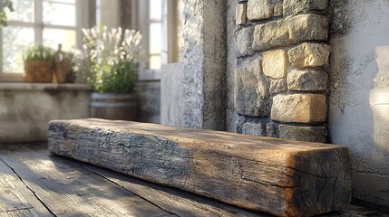 Sticker - Rustic Wooden Beam Against Stone Wall Interior Design