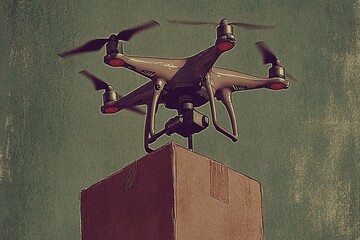 Canvas Print - Artistic depiction of a drone flying above a box in a vintage style setting symbolizing the evolution of UAV technology and its growing use in logistics and package delivery systems