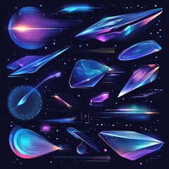 Canvas Print - Futuristic neon glowing  shapes,  lines,  and  digital elements on a black background.