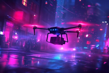 Canvas Print - Neon lit drone flying through a rainy city at night emphasizing the role of UAV technology in urban logistics and package delivery services in challenging weather conditions