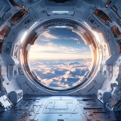 Sticker - Futuristic spaceship interior with a large window looking out at a view of Earth with clouds and a sunrise.