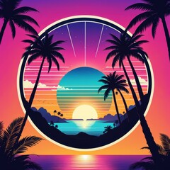 A vibrant sunset scene with palm trees and a circular design, evoking tropical relaxation.