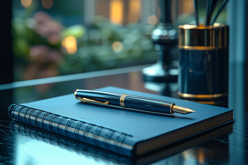 Canvas Print - A single, elegant pen on a clean desk with a minimalist design notebook, symbolizing the essence of professionalism in business documentation.