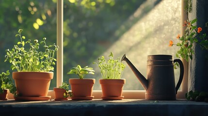 Sticker - Serene Indoor Garden with Potted Plants and Watering Can