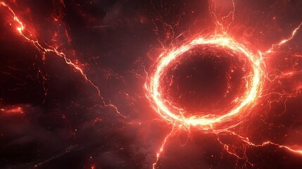 Poster - An intense red plasma circle with swirling lightning and glowing particles is depicted, creating a sense of powerful energy in a dark cosmic background