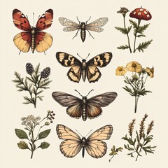 Poster - Hand drawn botanical illustration set with butterflies, mushrooms, and flowers.