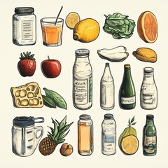 Poster - Hand drawn set of healthy food and drinks icons.