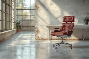 Poster - A minimalistic workspace with a lone chair facing a large, empty desk, capturing the essence of solitude and focus in professional settings.