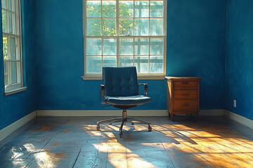 Poster - a minimalist workspace with a lone chair and a clean desk, emphasizing simplicity and efficiency in 