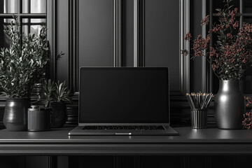 Poster - A minimalist laptop on a pristine desk with no other items, illustrating the simplicity and focus of remote work in the digital age.
