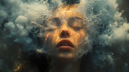 Canvas Print - Dreamy Underwater Portrait of a Woman with Sunlight and Bubbles