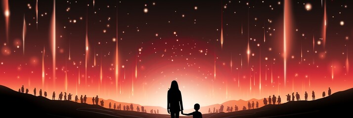 Wall Mural - Mirrored Surface Vector Japan ShichiGoSan ceremony where children walk on mirrored paths reflecting the sky and stars creating an endless surreal journey toward the shrine