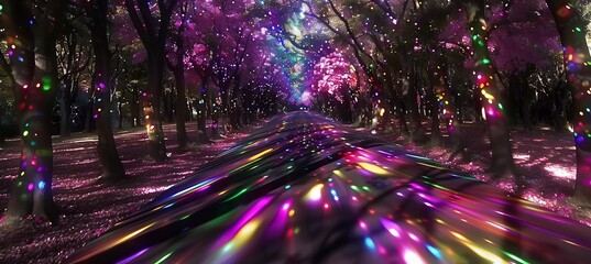 Neon Glitch Vector Japanese Coming of Age Day where the ceremony is held in a garden of glowing sakura trees their petals shifting between colors in glitchlike patterns lighting up the path forward