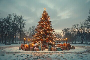 Poster - Christmas Tree in a Snowy Park