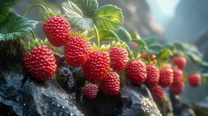 Canvas Print - Ripe Red Raspberries on a Bush: A Close-Up View