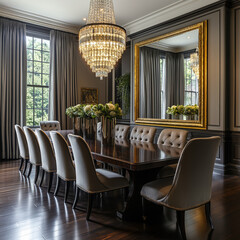 Wall Mural - interior of a luxury home dining room table  with a center chandelier and ceiling-high windows and doors  