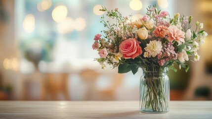 Poster - A stunning arrangement of colorful flowers in a glass vase enhances the ambiance of a light wooden table in a cheerful space. Generative AI