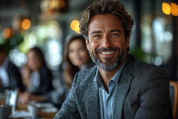 Canvas Print - A business professional grinning while presenting a project to colleagues in a modern office setting, demonstrating enthusiasm and confidence.