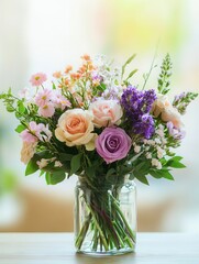 Poster - A beautifully arranged bouquet featuring various colorful flowers is displayed in a clear glass vase on a light wood table. Generative AI